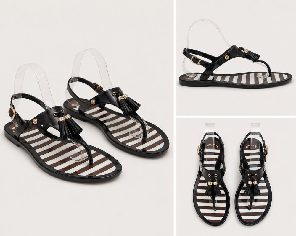Hannah Neill Black Jelly Thong Sandals Tassel Ankle Strap Striped Footbed Sz 7